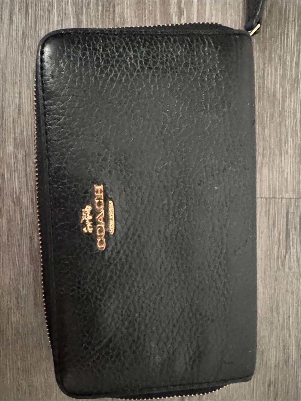 Coach Black Pebbled Leather Zip-Around Wallet with Gold Logo